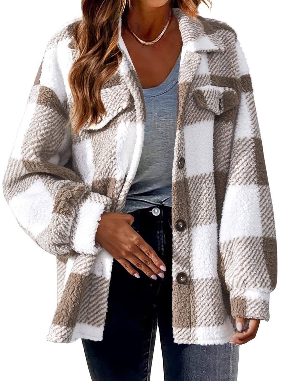 European and American Cross-Border New 2023 Amazon Ebay Plaid Lapel Button Jacket Plush Warm Jacket for Women