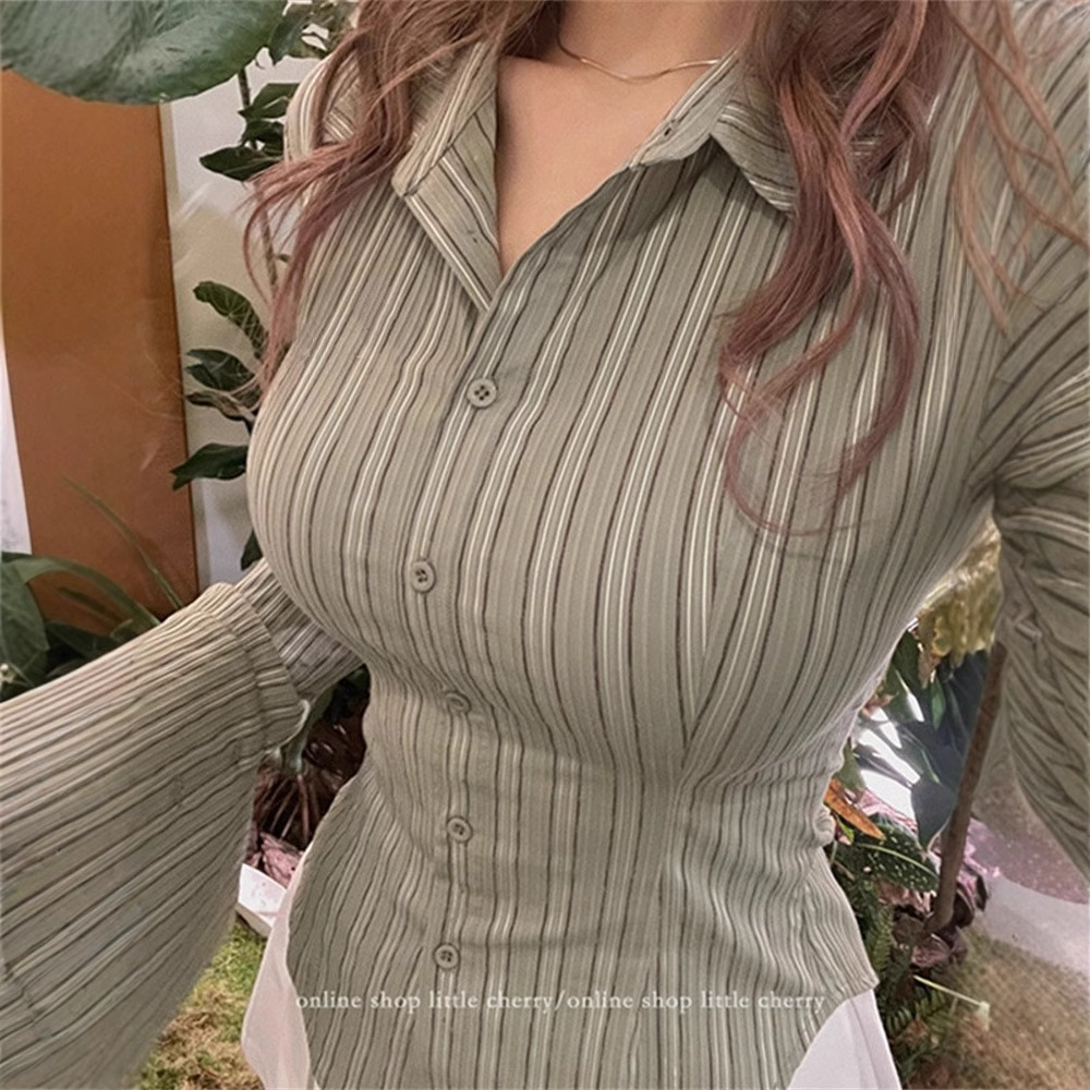 chubby girl Green Striped Polo Collar Long Sleeve Shirt Women's American Style Spice Girl Pure Desire Slim-fit Tight Waist Shirt Slim-fit Top