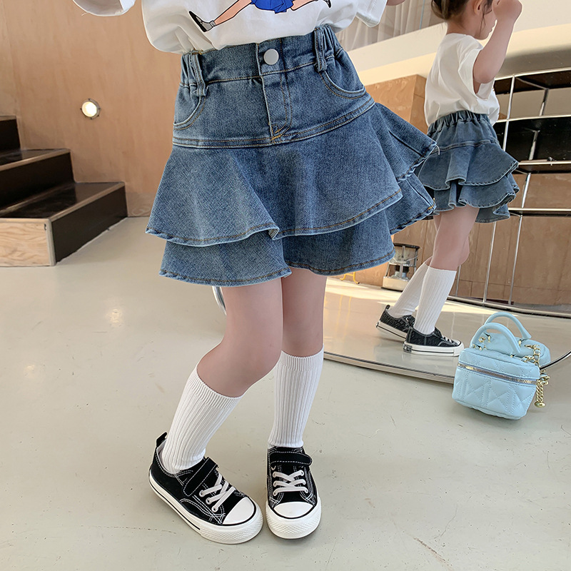 Girls 2025 Denim Skirts Skirts Cake Skirts Summer Fashionable Children Girls Anti-Exposed Skirts