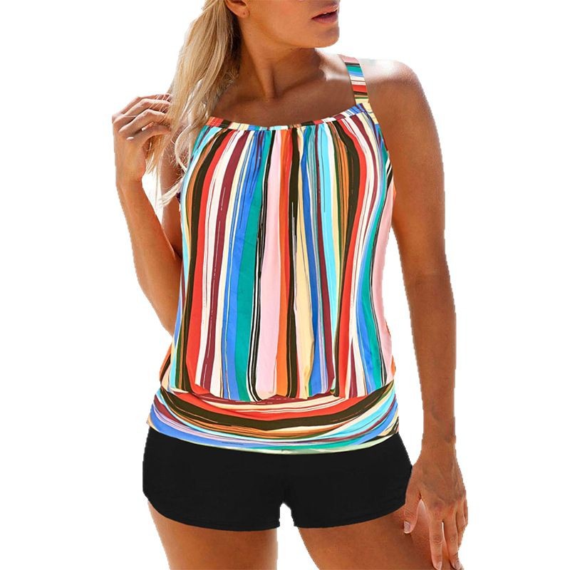 Picture of European and American New Swimwear Women's Striped Vest suit American Tankini Conservative Loose Amazon Split Swimsuit