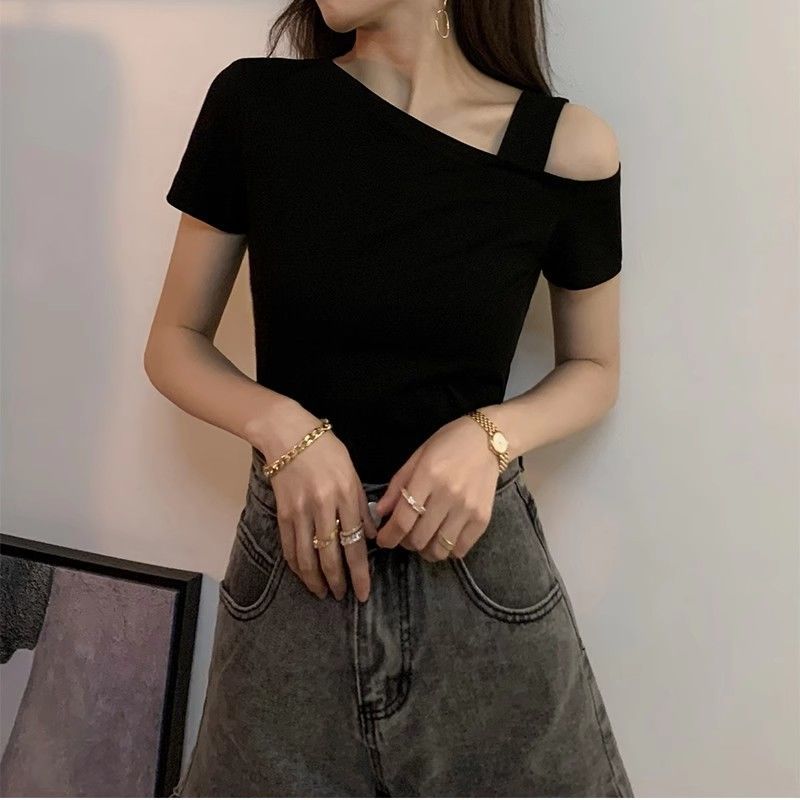 One-Shoulder Modal Cotton Short-Sleeved Women's Summer New Off-Shoulder Sexy Collarbone Design Niche T-Shirt Top Trendy