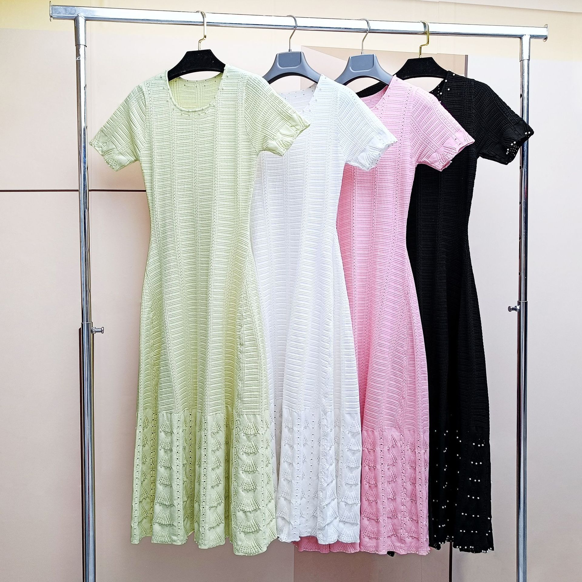 2025 Export Women's Heavy-Duty Pearl-Decorated Long Skirt Summer Round Neck Short-Sleeved Knitted Skirt Cut Out Waist Dress