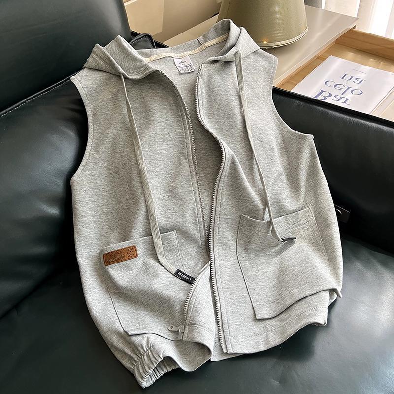 Picture of Vest Women's Spring & Fall Sports and Leisure Pure Color Outer Vest Hooded Cardigan Sleeveless Sweatshirt Vest Hooded Jacket