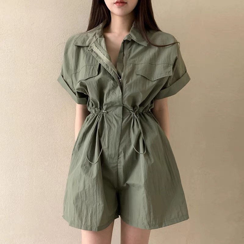 Korean Style Chic Summer Niche Vintage Lel Drawstring Tight Waist Slimming Short Sleeve Solid Color Wide Leg Jumpsuit Shorts Women's Clothing