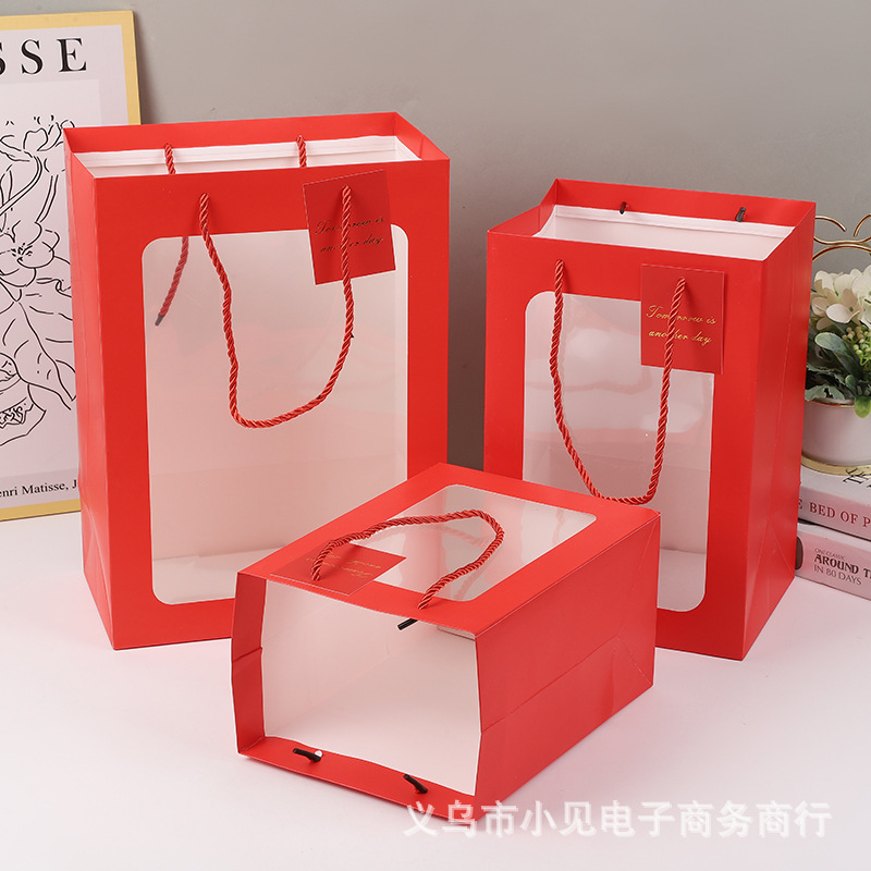 New Year's Day Festive Gift Bag, Handbag, Birthday Flower Bouquet Packaging Bag, Transparent Gift Bag, Red Gift Bag