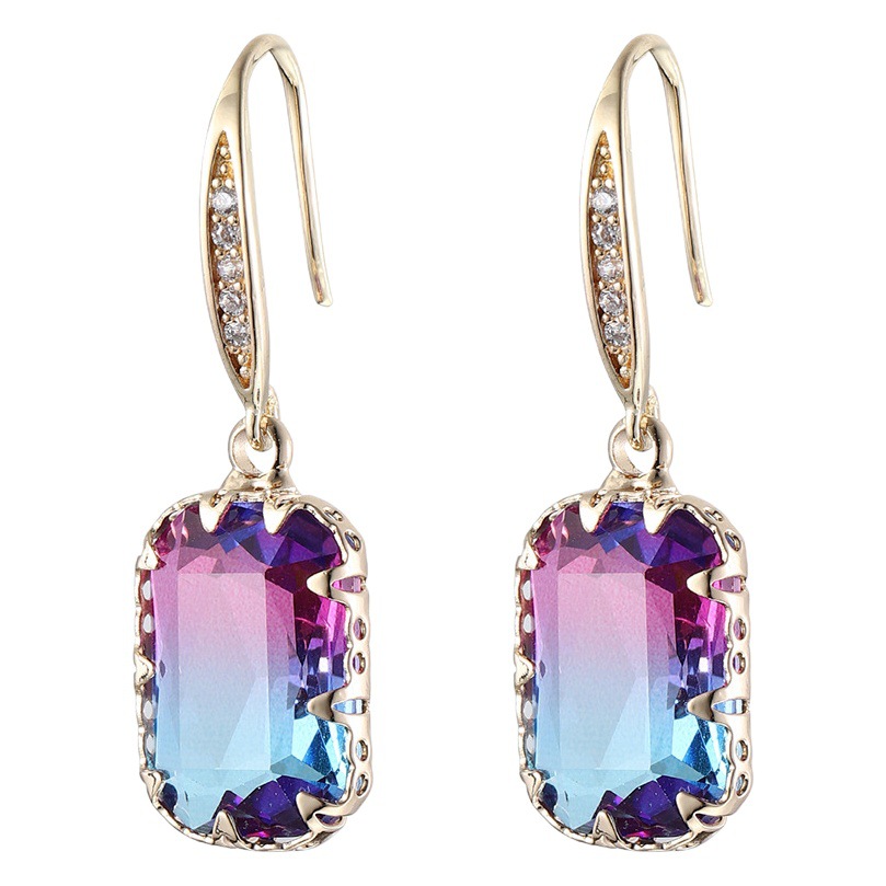 European and American Fashion All-match Ear Jewelry Brilliant Square Gemstone Earrings Pendant Female Zircon Purple Tourmaline Earrings Necklace