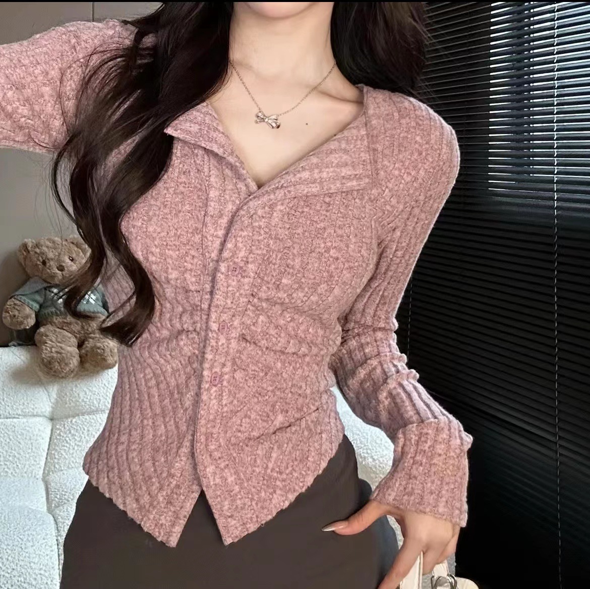 2025 New Autumn and Winter Pure Lust Style Sexy Lapel Long-Sleeved Knitted Cardigan Slim Fit Top