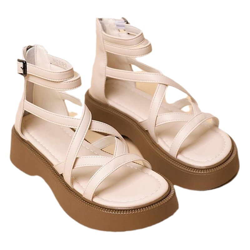 Explosions muffin platform sandals women's summer 2024 new French high-end feeling black retro beach Roman shoes