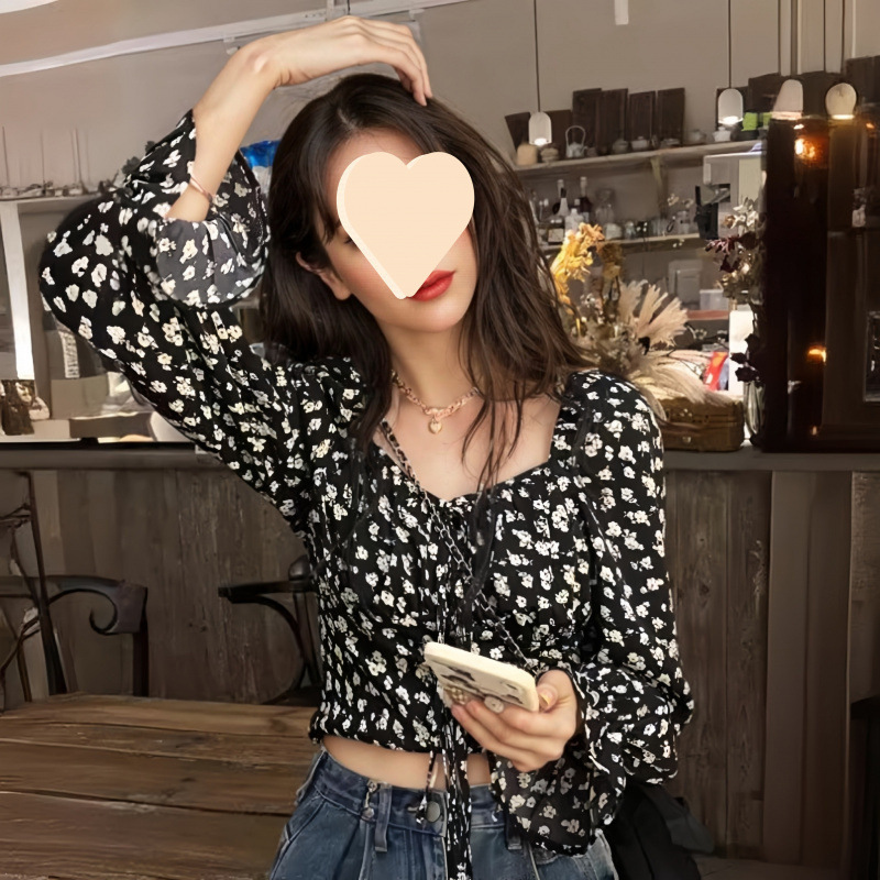 Picture of European and American Bubble Short French European and American Style Design Long-Sleeved Floral Autumn and Winter Square Collar Sexy Sexy New Thin Style in