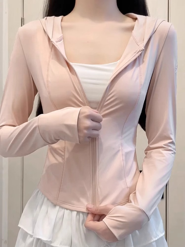 Grey Ice Silk Sun Protection Clothing Women's Summer Slim Yoga Clothing Coat Tight Top 2025 New suit Waist