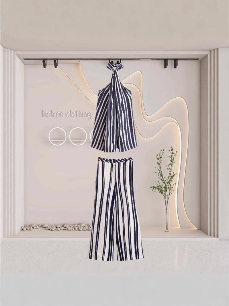 Foreign Trade 2025 New Women's European and American Style Halterneck Knotted Stripesd Suspenders + Casual Pants Suit for Women