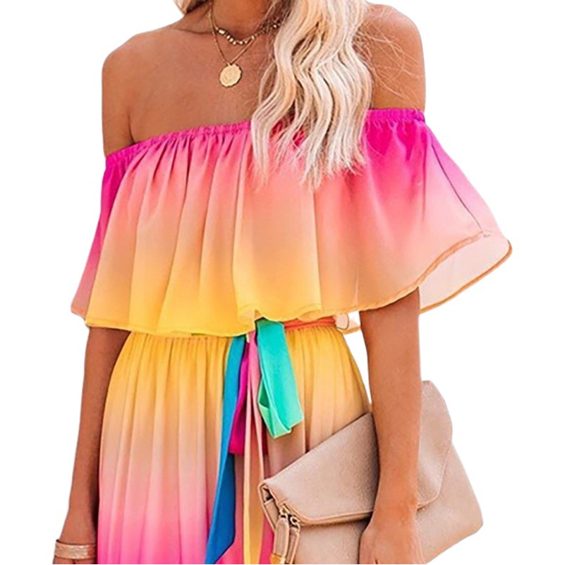 2025 Summer Export New Wish Style Rainbow Gradient Dress Amazon Ebay One-Line Collar Cross-Border Dress