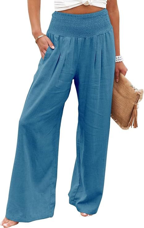 Picture of 2025 Amazon Women's Linen Pants High Waist Trousers Wide Leg Flowing Pants Beach Vacation Wear Casual Wear