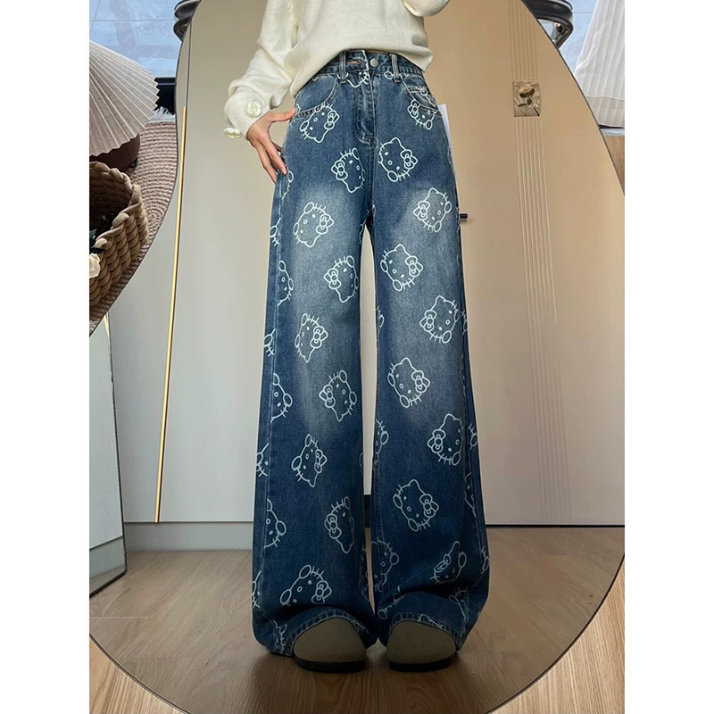 Cartoon Printed Jeans Women's 2025 New Spring and Autumn Design Sense High Waist Dipping Sense Straight Tube Wide Leg Pants