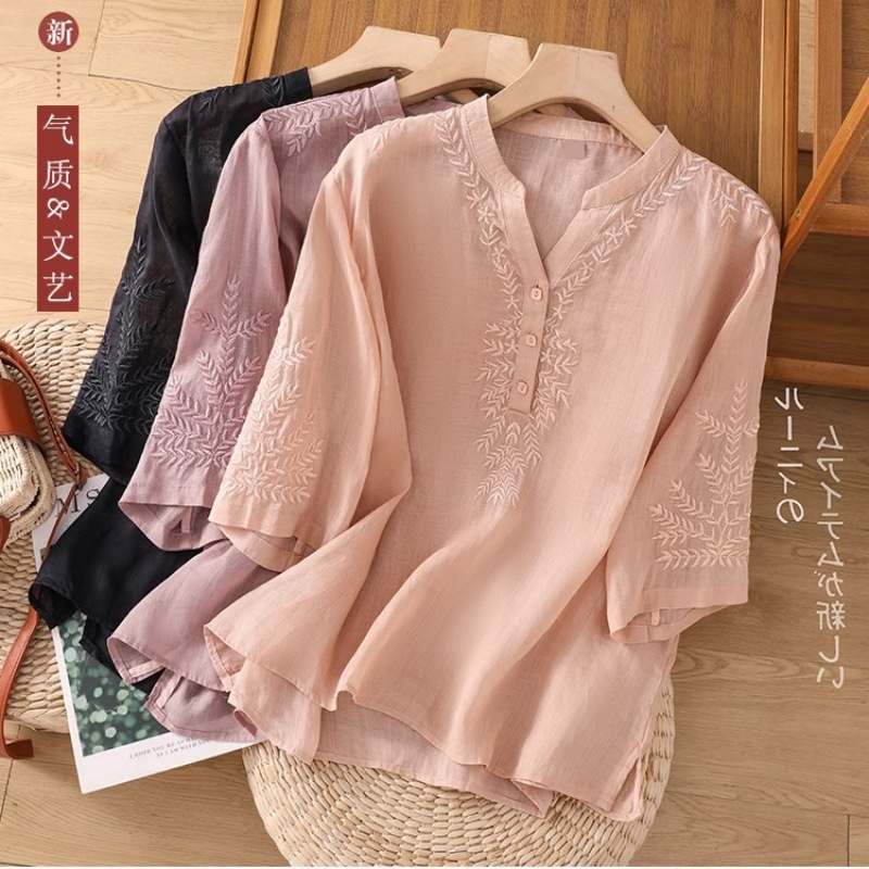 Middle-aged New Chinese-style Cotton Embroidered Half-sleeve Shirt Women's Summer Mother's Western-style Loose Casual Top Small Shirt