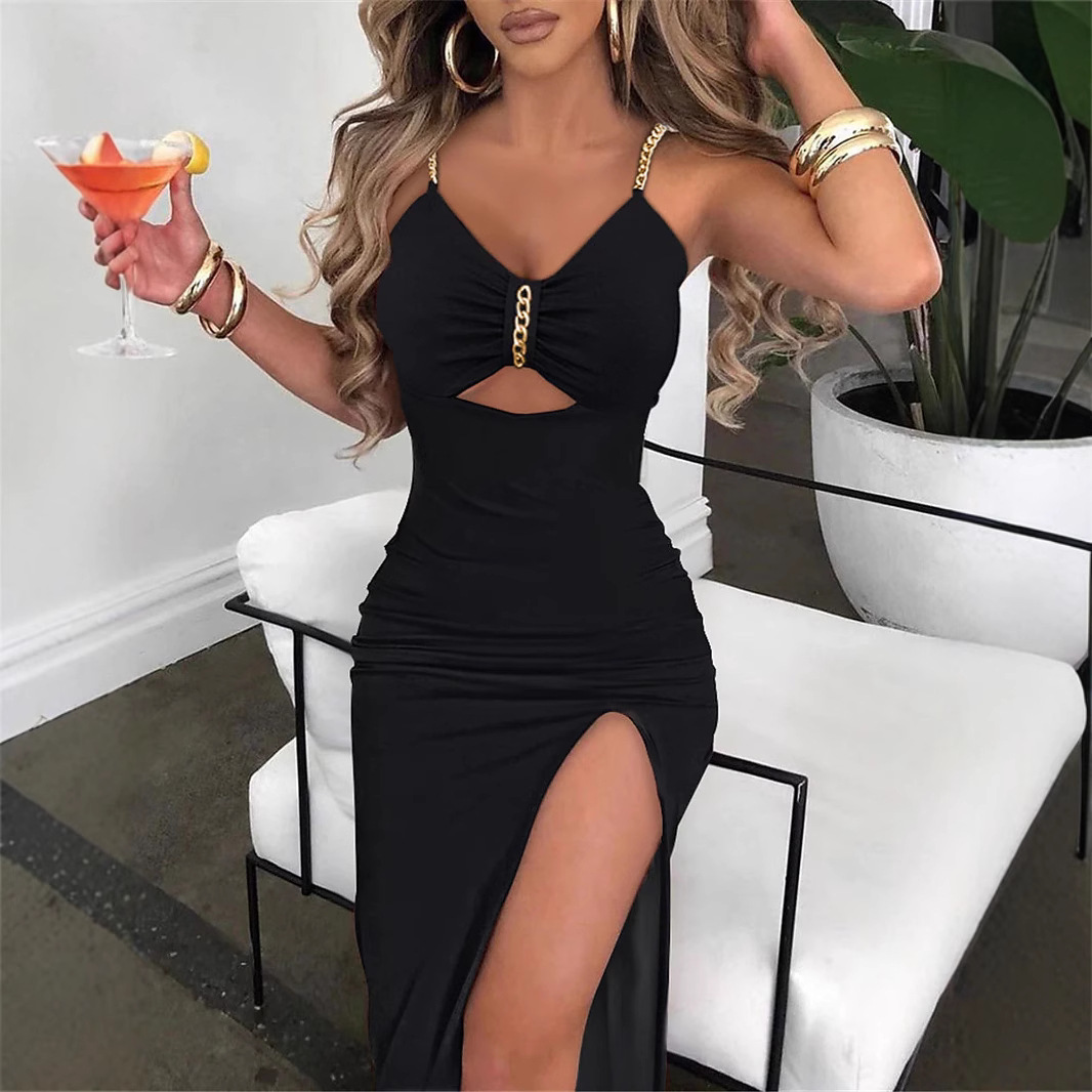 2023 Amazon Independent Station Fashion Split Chain Hollow Hip Sleeveless V-neck Women's dress
