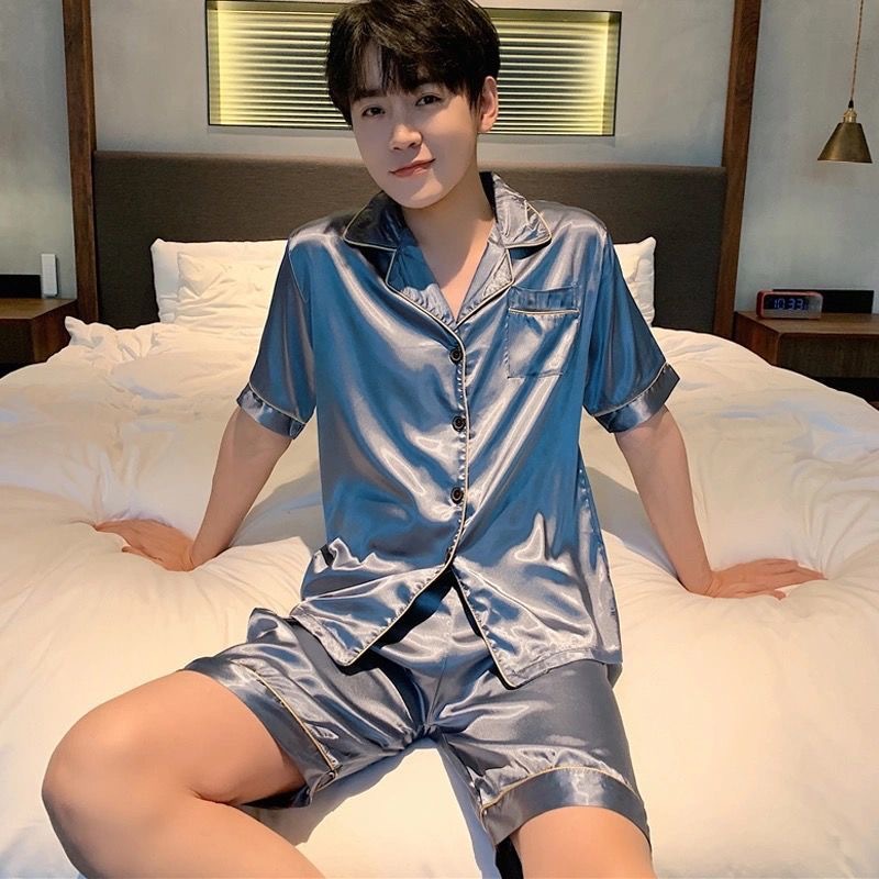 New Style Pajamas Men's Summer Silk Ice Silk Simple Men's Suit Outer-Wearing Thin Short-Sleeved Shorts Home Clothes