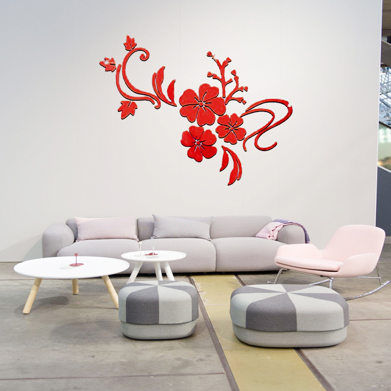 Picture of DIY hibiscus flower 3d acrylic rattan mirror wall stickers living room sofa TV wall can be a generation of hair