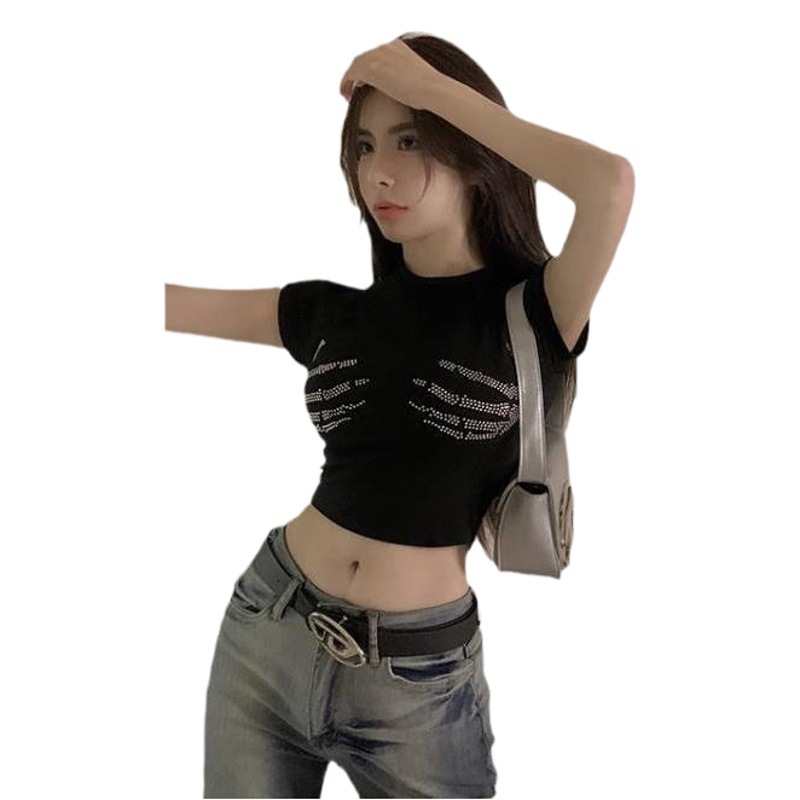 American Style Hot Girl Magic Claw Hot Diamond Short Short-sleeved T-shirt Women's Summer Niche Design Sense Shoulder Round Neck Cropped Top