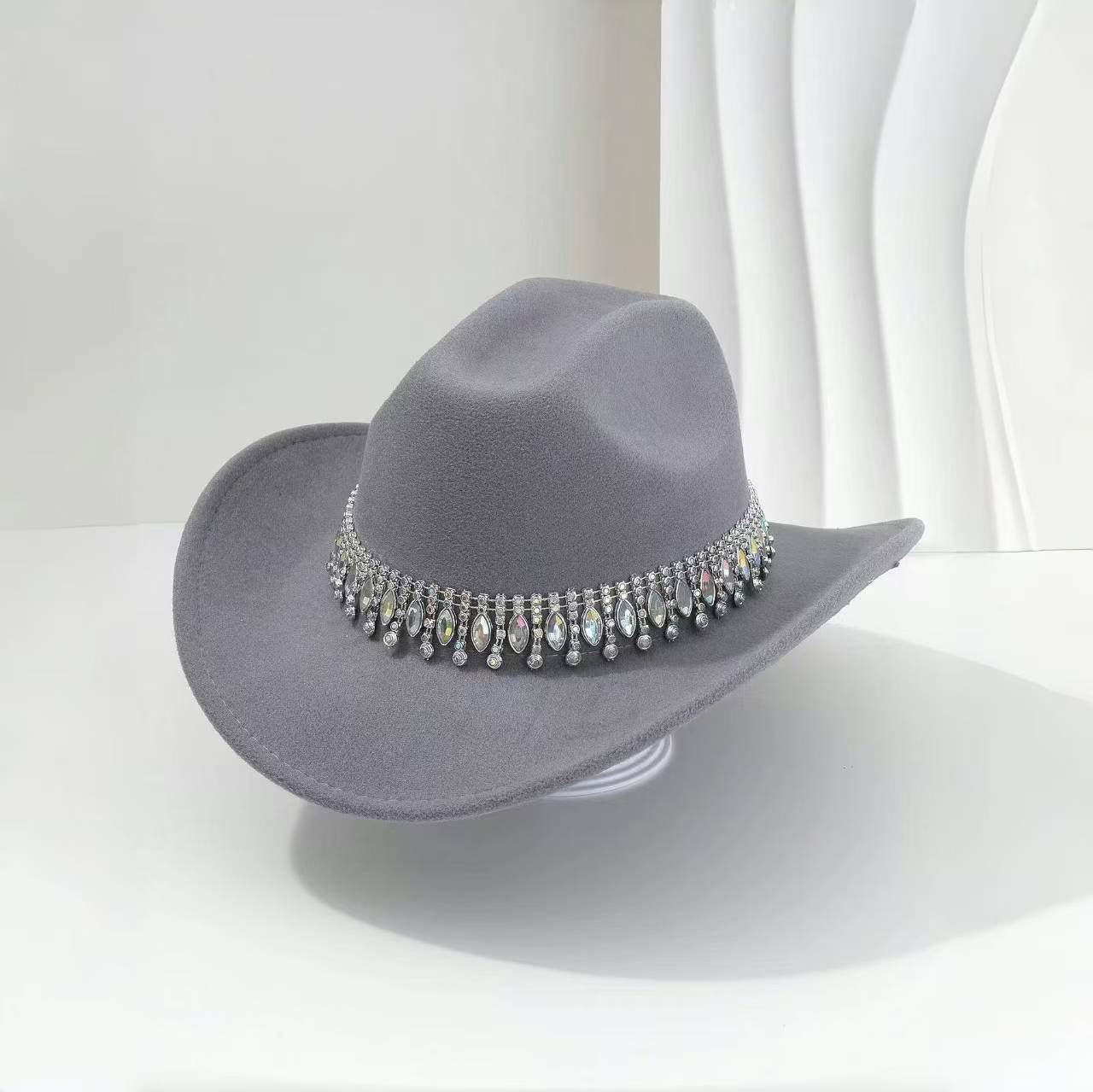 Picture of Rhinestone Accessories Top Hat Men's High-End Felt Western Cowboy Hat Large Brim Hat Women's Summer Jazz Hat