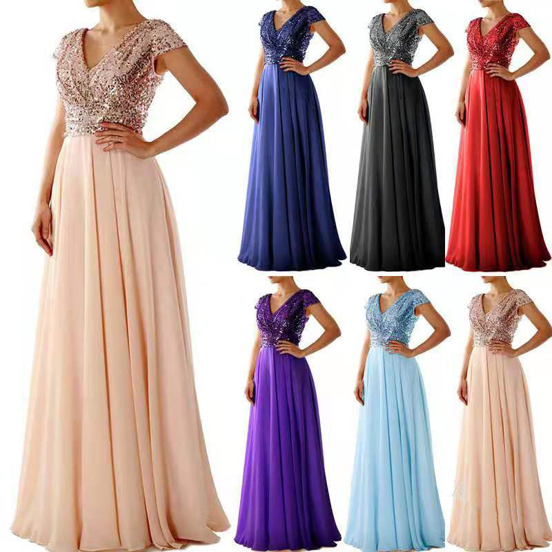 Summer 2025 New Foreign Trade dress wish Amazon New V-neck Sequin Chiffon Stitching Evening Dress