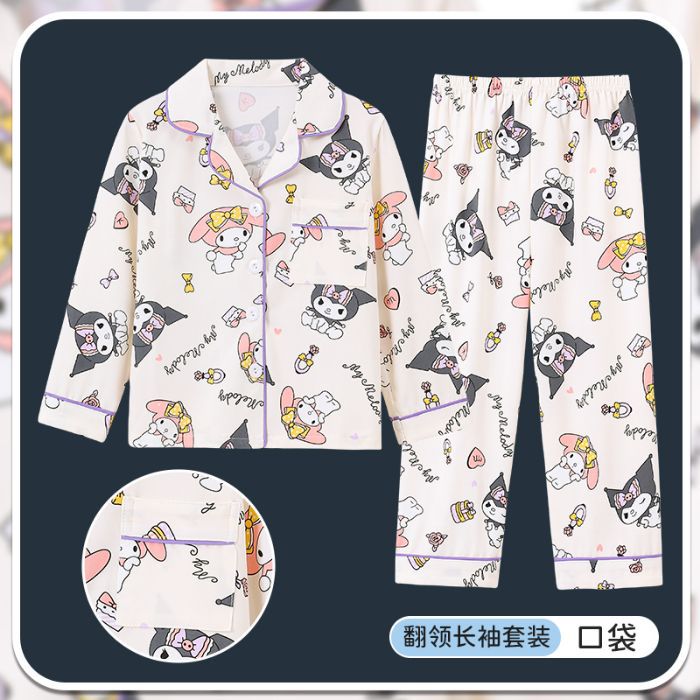 Picture of Children's Pajamas Spring and Autumn Cute Cartoon Boys and Girls Lapel Cardigan Long Sleeve Trousers Children's Home Clothes