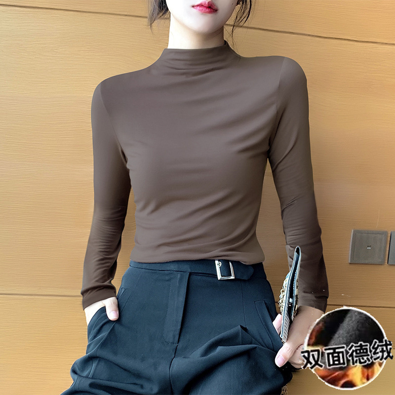 Autumn and Winter Elegant Semi-high Collar Fleece Base Shirt Women's Autumn fleece-lined Women's Slim-fit Long-sleeved High Collar Inner Top