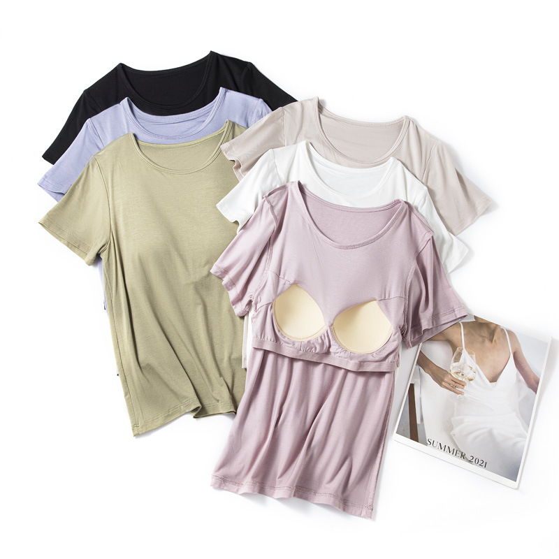 Women's Summer Cool-Feeling Bra-Free Large Size Loose All-In-One Loose Top Outer Wear Modal Short-Sleeved T-Shirt with Breast Pads