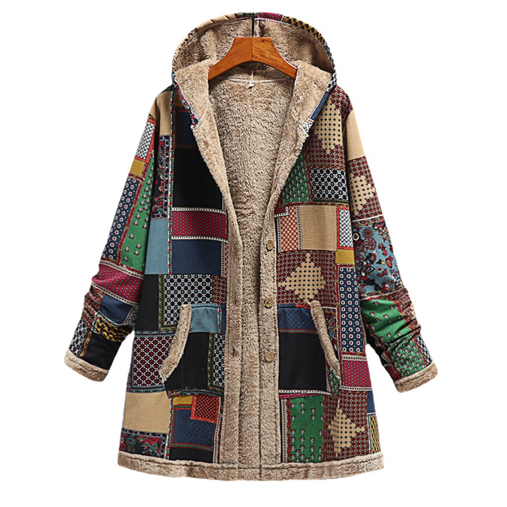 Picture of 2023 Winter Amazon Wish European and American New Women's Cotton and Linen Printed Hooded Sweatshirt Warm Stuffed Jacket
