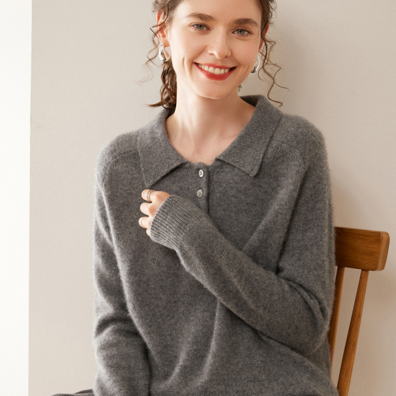 POLO Collar Cashmere Sweater Women's 2024 Autumn and Winter New Half Buckle Base Shirt Lazy Style Loose Slimming Pullover Sweater