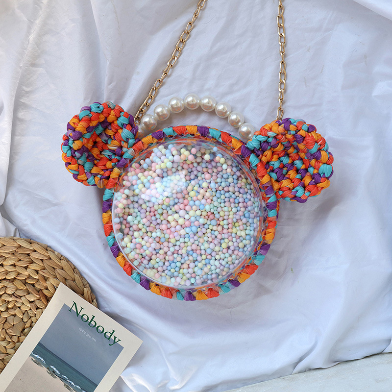 Picture of Handmade woven cloth line bear Mickey bag material bag transparent hemisphere acrylic Pearl handbag satchel