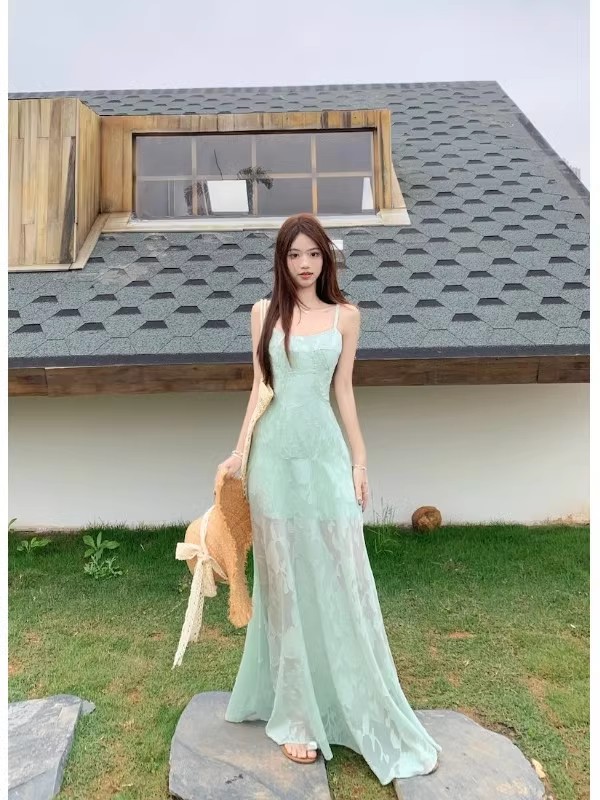Picture of 2025 Summer New French Style Fresh Sweet Sling dress Women's Seaside Vacation Wear Mid-Length Skirt with Tight Waist