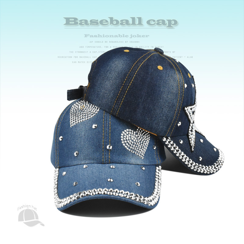 New Hat Women's Rhinestone Decorated Denim Baseball Cap Fashionable Heart Five-Pointed Star Hot Diamond Versatile Sunshade Peaked Cap