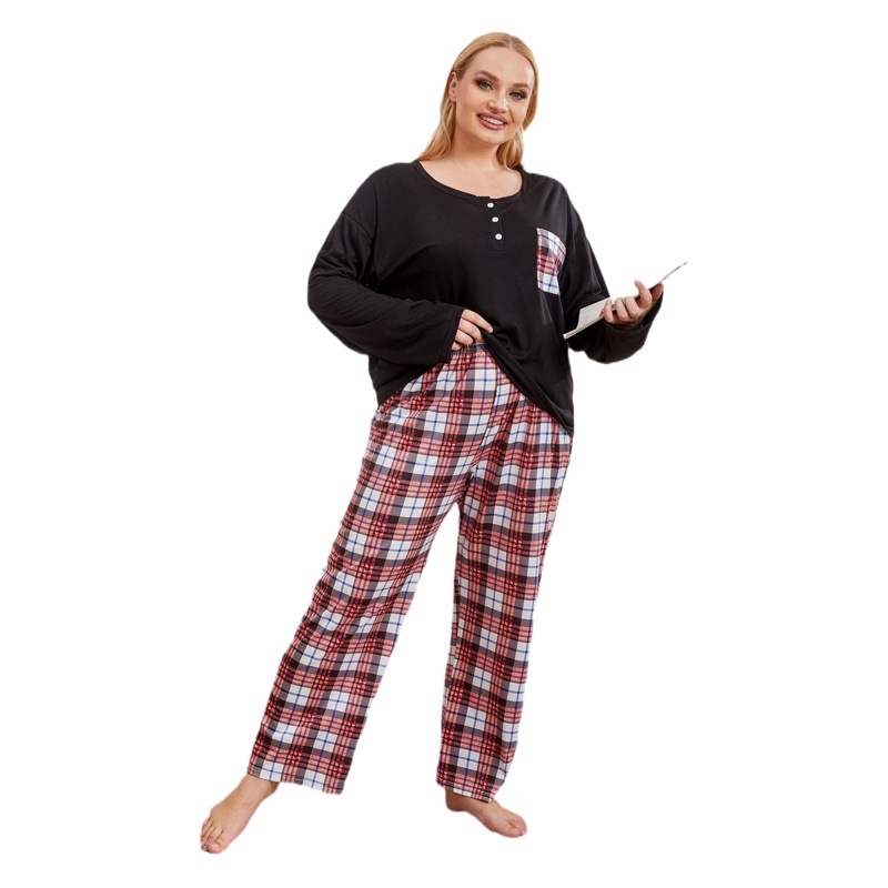 European and American Cross-Border Large Size Pajamas for Women in Autumn and Winter Plus Loose Long-Sleeved Plaid Fat mm Home Clothes Two-Piece Set Ebay