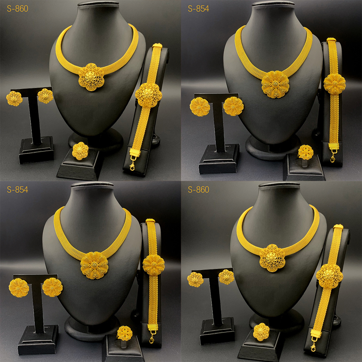 Dubai Indian Women's Necklace Bracelet Earrings Ring African 24K Gold-Plated Jewelry Four-Piece Jewelry Set