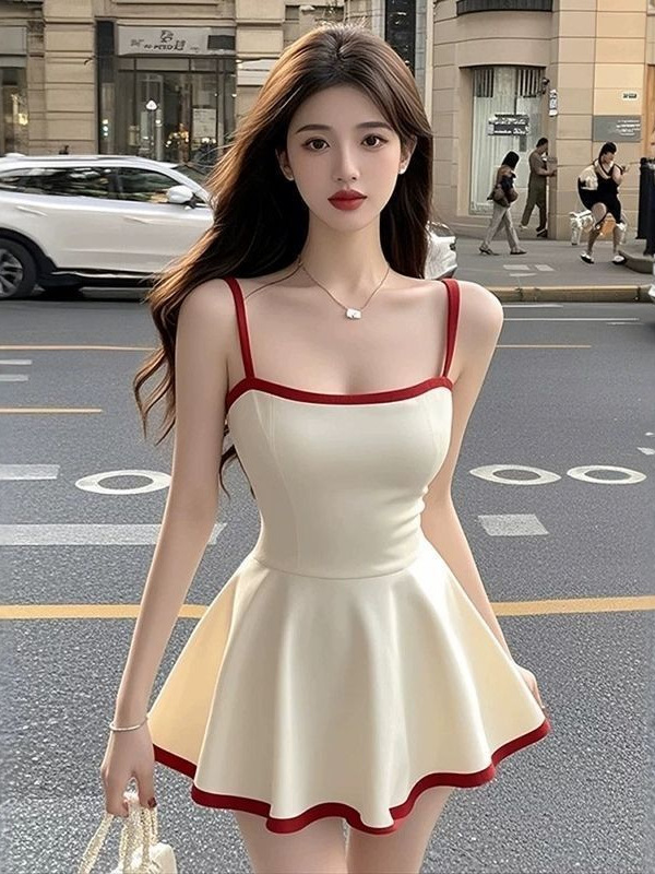 Rice apricot Color Contrast Square Collar Sling dress Women's Spring New French Style Retro Tight Waist Pure Desire Fashion Skirt