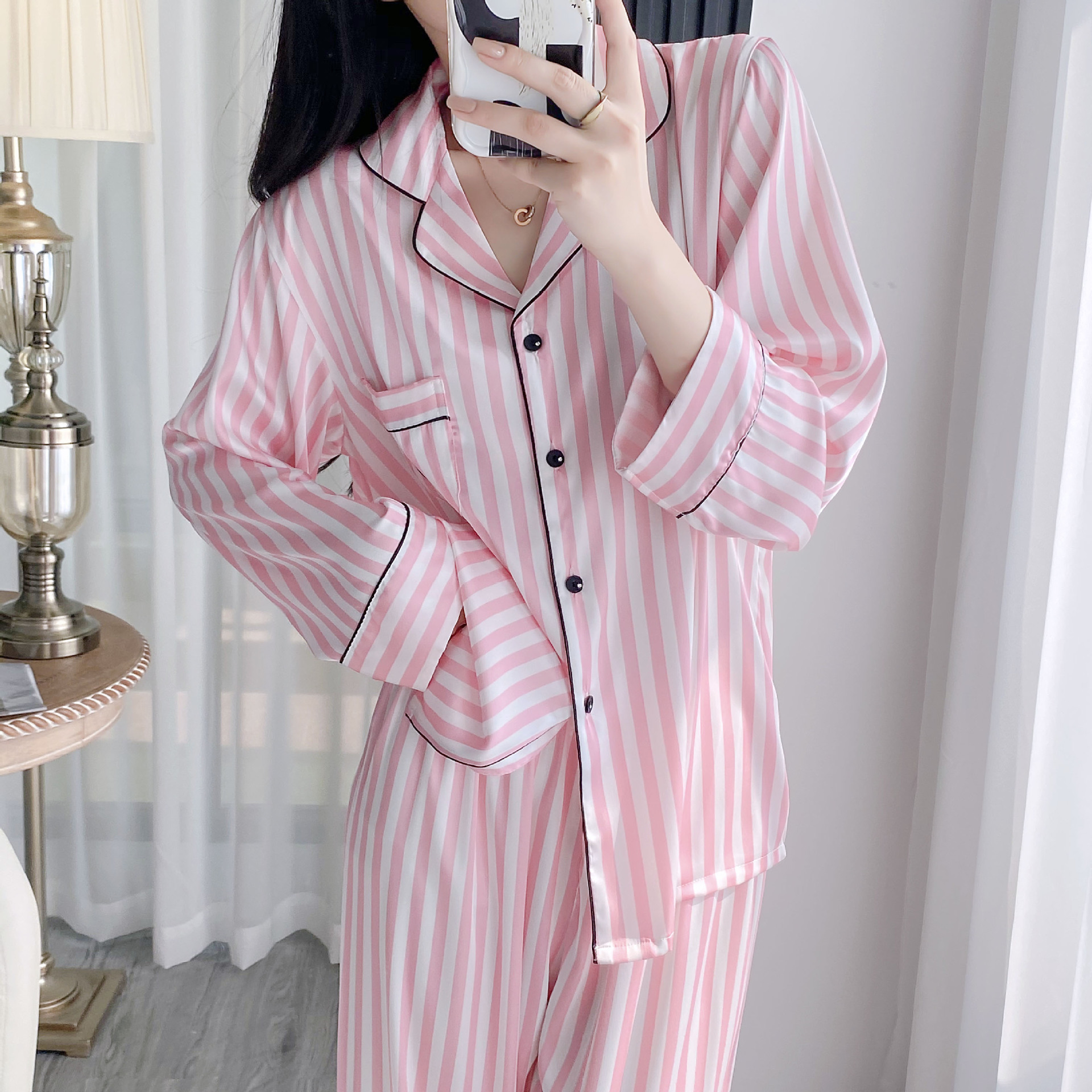Picture of New Women's Long Sleeve Pajamas suit Cardigan Korean Style Home Clothes Striped Ice Silk Outer Wear Thin