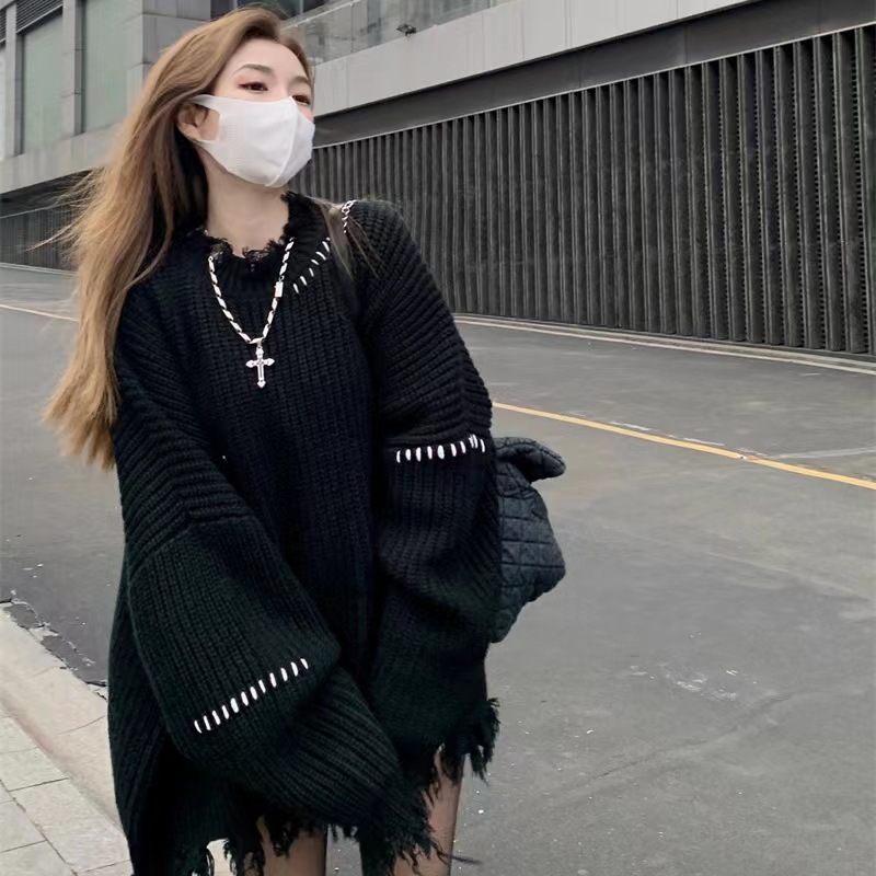 2025 New Autumn and Winter Korean Style Loose Lazy Style Ripped Personalized Trendy Design Pullover Thickeneded Sweater for Women