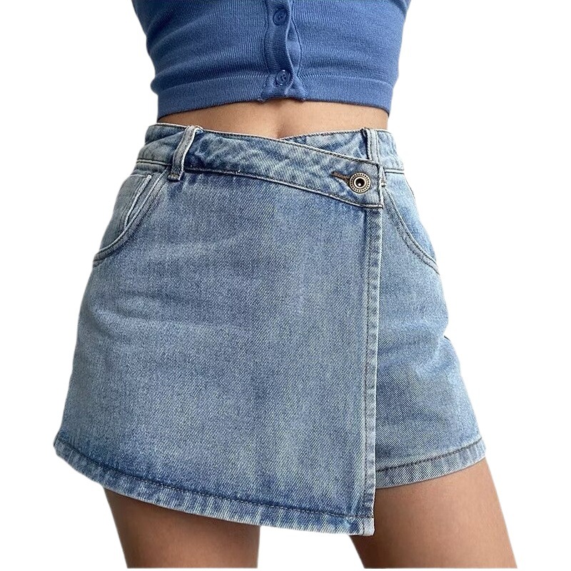 Plus size anti-exposure Denim short skirt women's summer retro buckle high waist hip pants skirt all-match A- line skirt