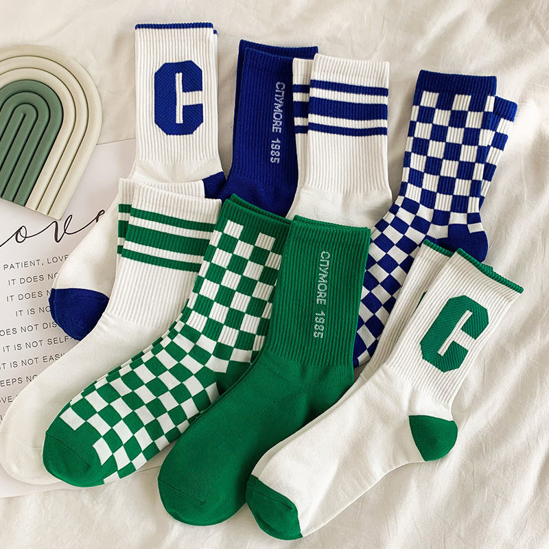 Wholesale Klein Blue Trendy Socks Big C Export Checkerboard Student Ins Sports Socks Mid-Calf Socks Spring & Fall Long Socks