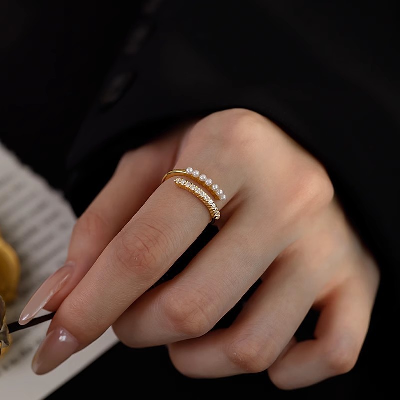 Imitation Pearl Zircon Open Ring 2025 New Popular Style Girls Cool Style Design Ins Index Finger Ring