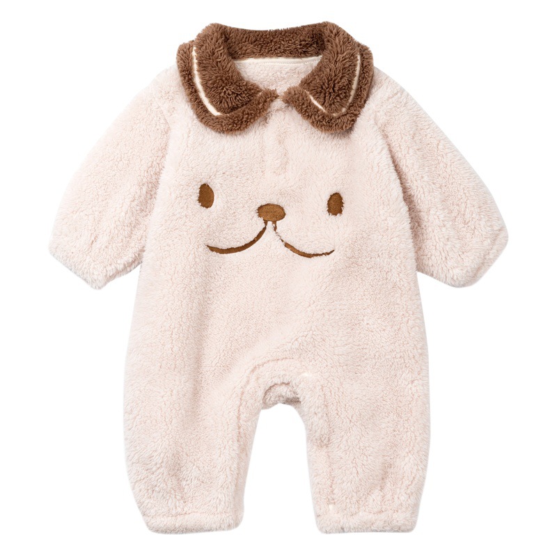 Baby Spring and Autumn Coral Fleece Home Crawling Suit, Infant Turn-Down Collar Romper, Thickened Flannel Jumpsuit, Thickened and Warm