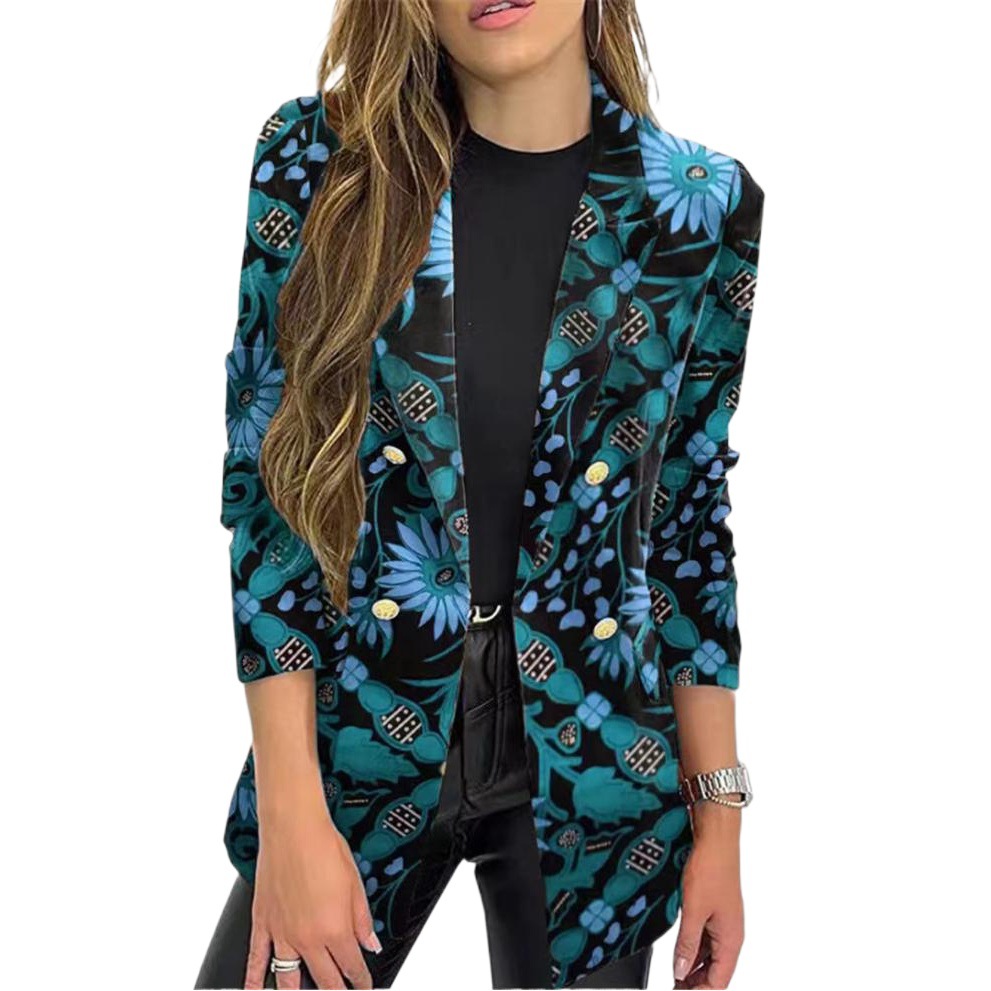 Foreign Trade Suit Spring and Summer Aliexpress Amazon Fashion New Printed Small Long-Sleeved Double-Row Button Jacket Suit