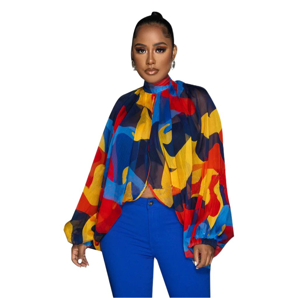 K10512 Cross-border Special for Amazon European and American Women's Wear Lace-up Printed Chiffon Shirt Bat Sleeve Top in stock