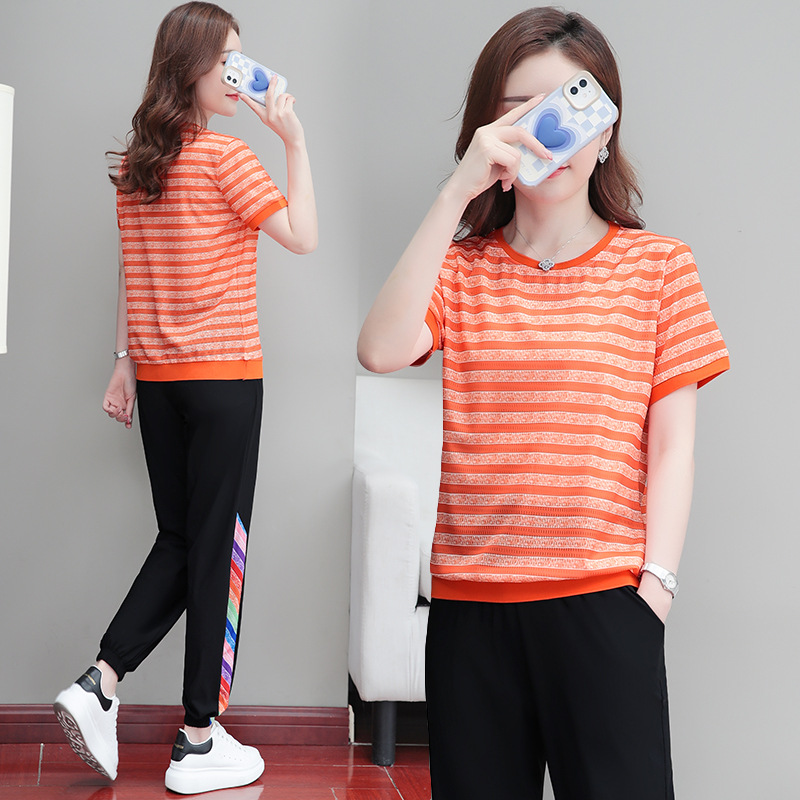 Picture of Ice Line Quick-drying Stretch Vertical Fashion Casual Sports Suit Women's Summer Thin Mesh Breathable Striped T-shirt Trendy
