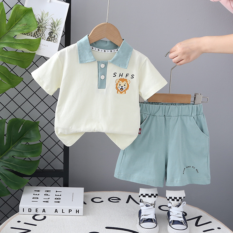 2025 New Foreign Style Baby Summer Children's Casual Chest Lion Head Two-Piece Set Trendy Men's Children's Summer Wear suit