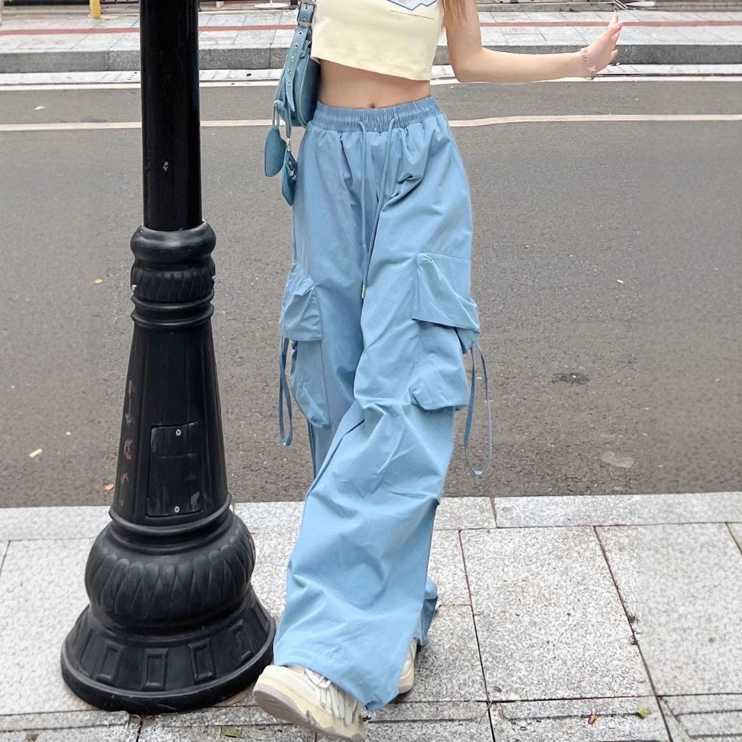 Amazon AliExpress Work Pants Women's Summer Straight Leg Pants Dipped Wide Leg Pants Casual Pants High Waist Drawstring Pants