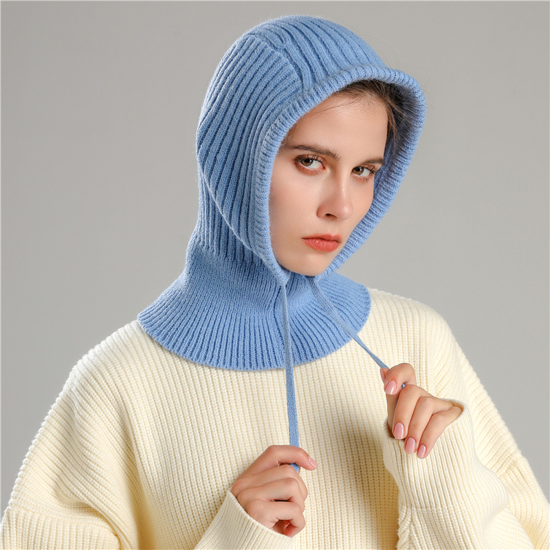 Neck Hat Integrated Winter Out Riding Warm Knitted Neck Wool Hat Ear Protection Solid Color Scarf Drawstring