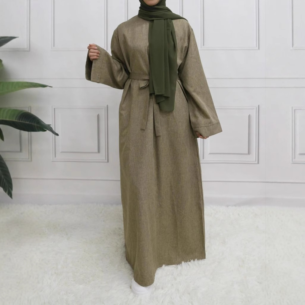Picture of 2025 Middle East Cross-border Muslim Two-color Plain Long-sleeved Belt Basic Casual dress