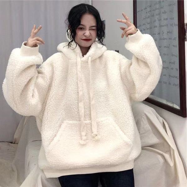 Lamb Plush Thickened Hooded Sweater Women's Winter Korean-style Loose Lazy Style All-match Student Pullover Solid Color Jacket